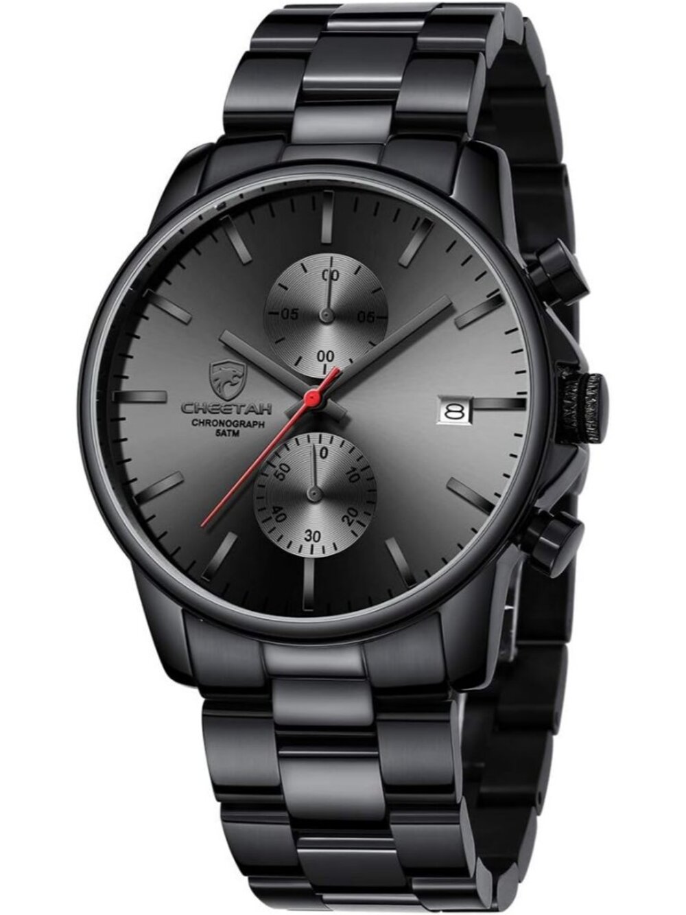 Mens Black Red Classic Stainless Steel Waterproof Chronograph Quartz Round Watch